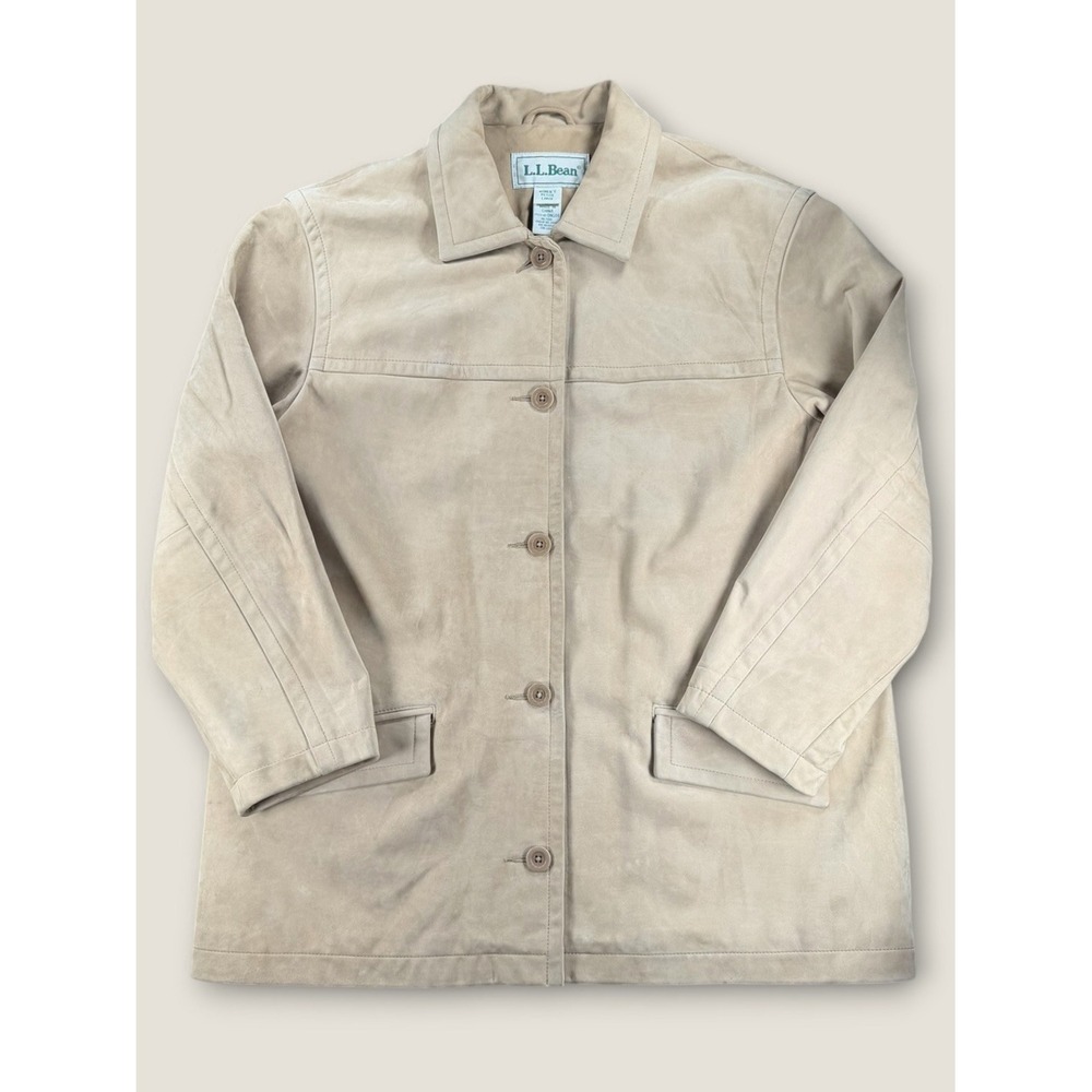 L.L.Bean Women's Petite Large Tan Cow‎ Nubuck Leather Jacket Button Front Coat